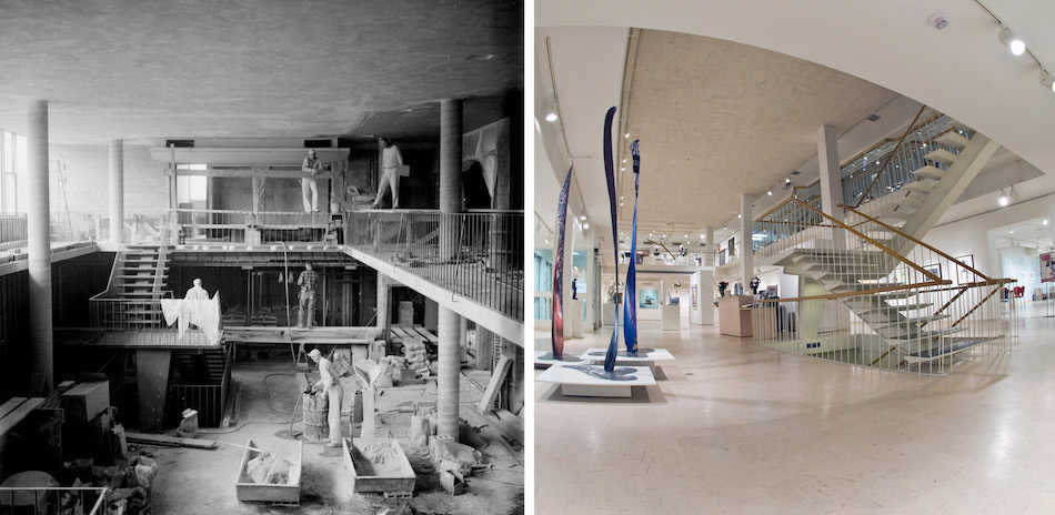 Two photos side by side of the Tweed Art Museum under construction
