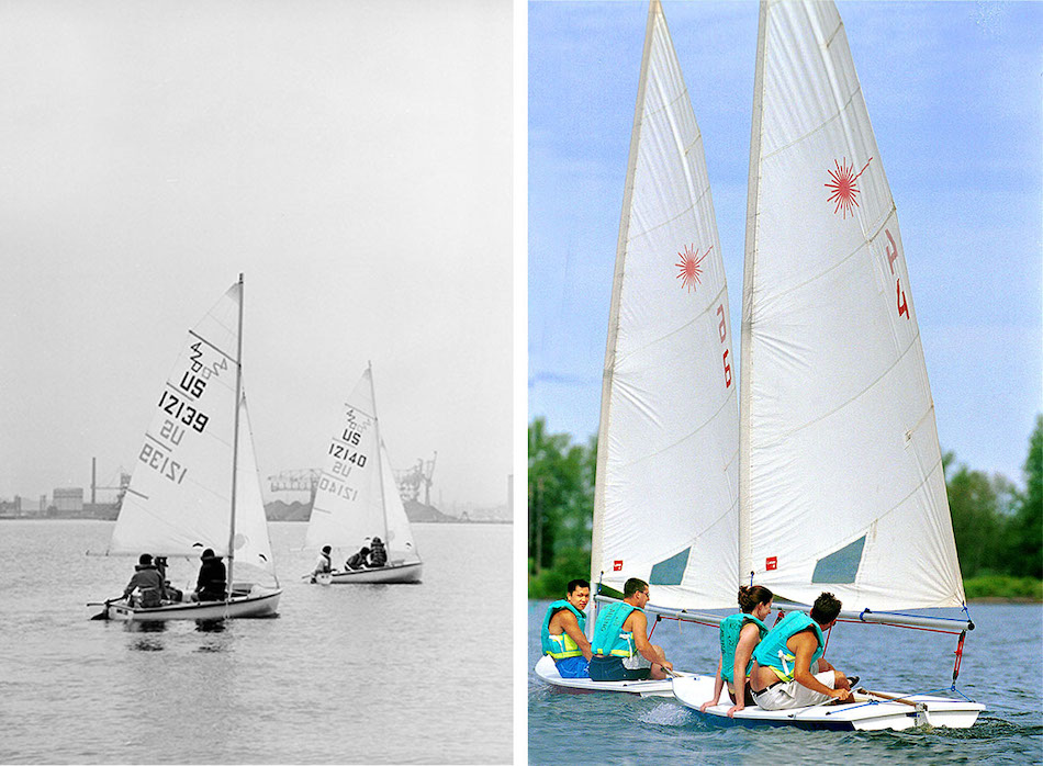 Two photos side by side of students sailing on Lake Superior, one in the 1960s and one present day.