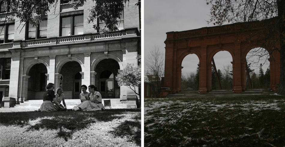 Two photos side by side, one of old main with students sitting outside, the other of the remaining arches from Old Main.
