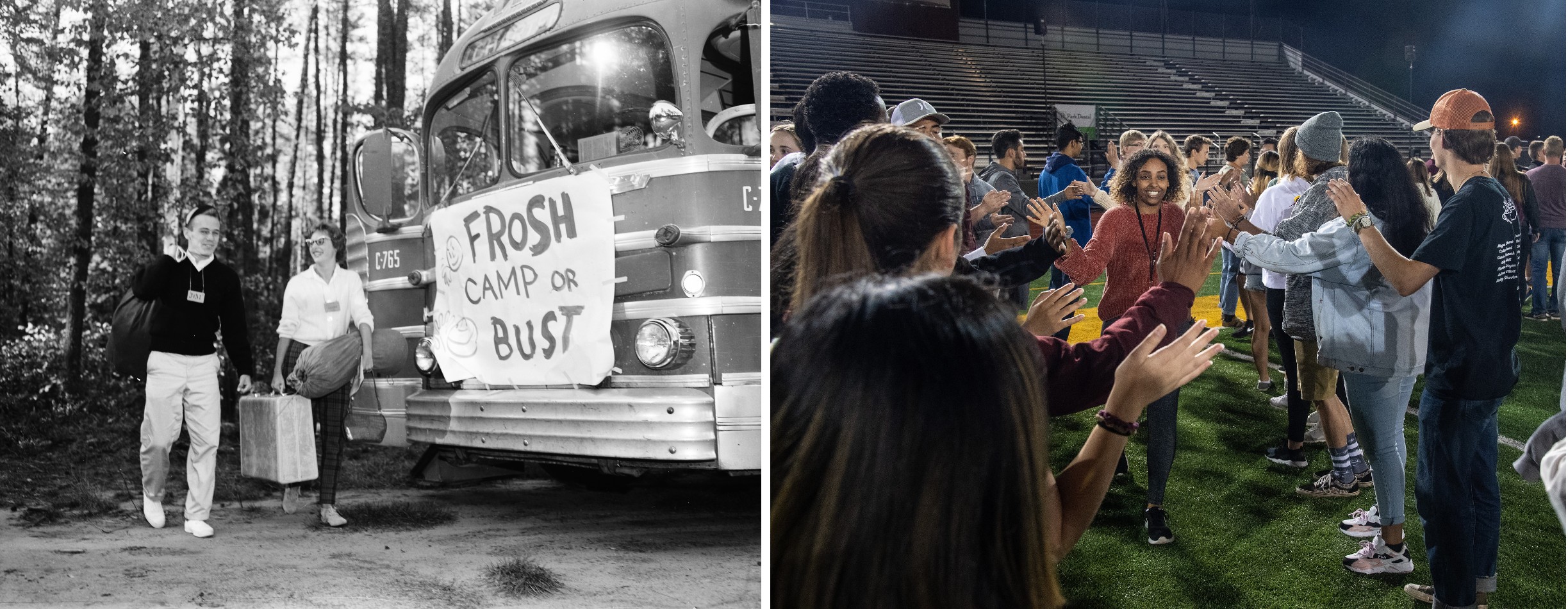 Two photos side by side, one of students in the 1950s standing near a bus with a "Frosh Camp or Bust Sign," and a modern day photo of students at Bulldog Welcome Week.