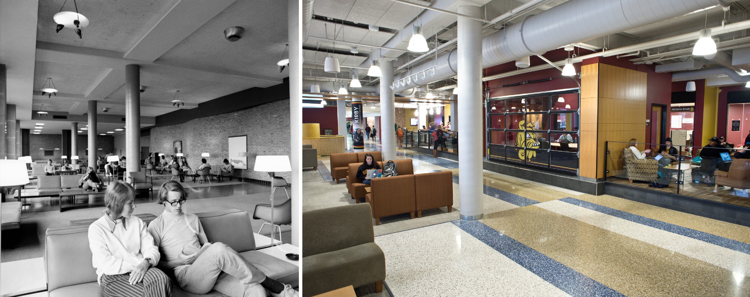 Two photos side by side of Kirby Student Center, one in the 1970s and one in the present day.