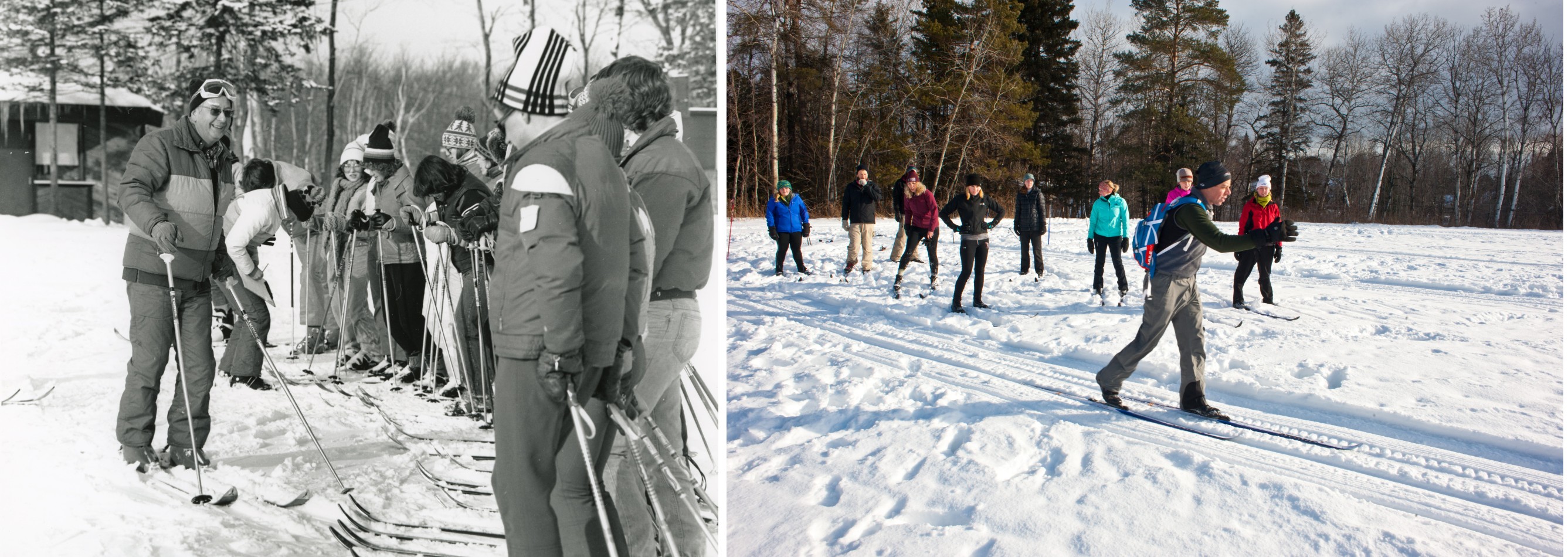 Two photos side by side of students cross country skiing, one in the 1950s and one in the present day.