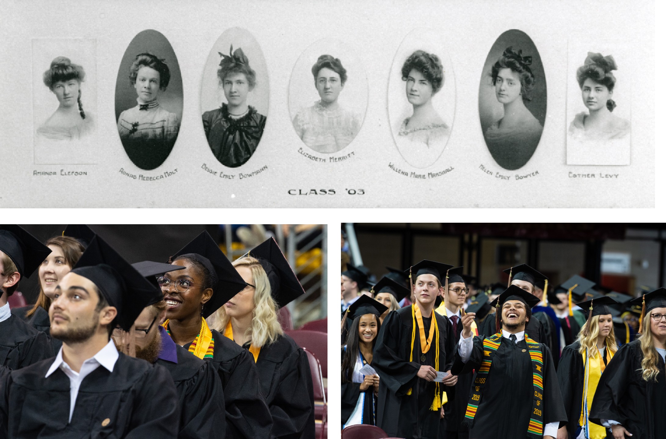 Three photos: On the top, a 19th century graduating class. Bottom, Students from the class of 2018.