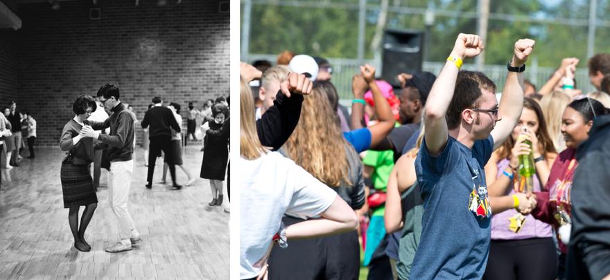 Two pictures side by side, one a black and photo of students dancing and the other a current day photo of students at Bulldog Welcome Week