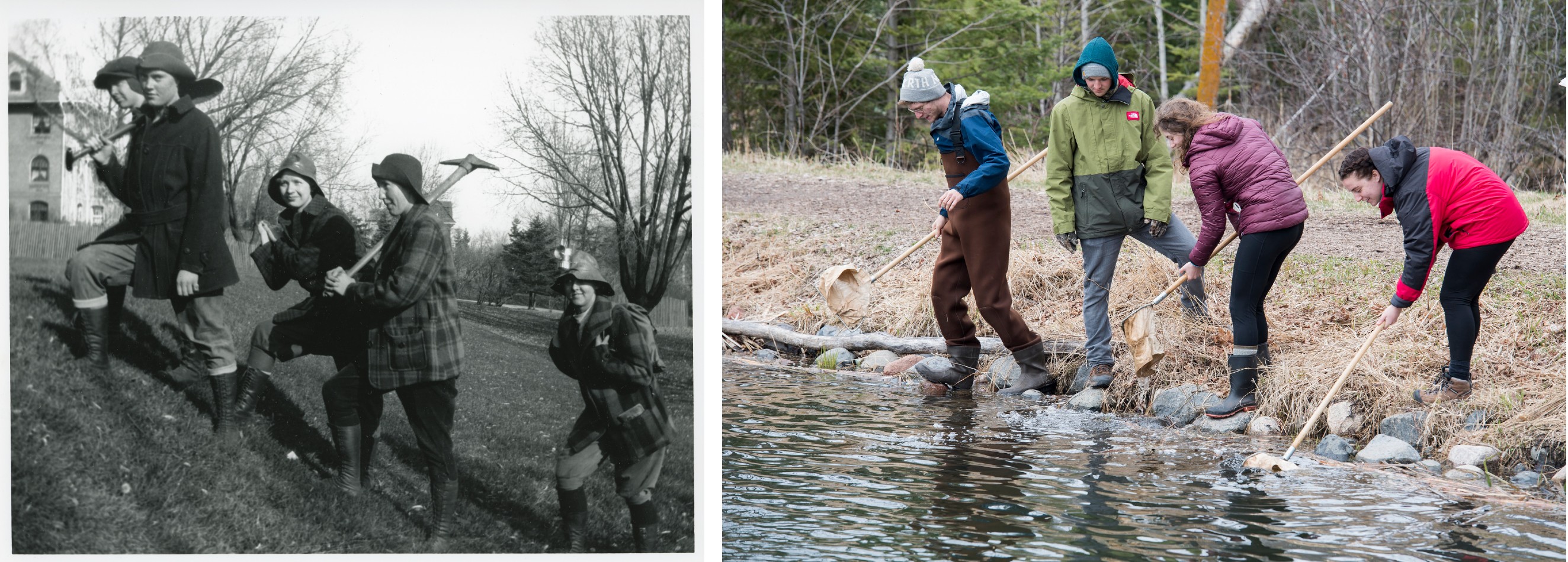 Two photos side by side of students working outdoors, one in the 1940s and one in the present day.