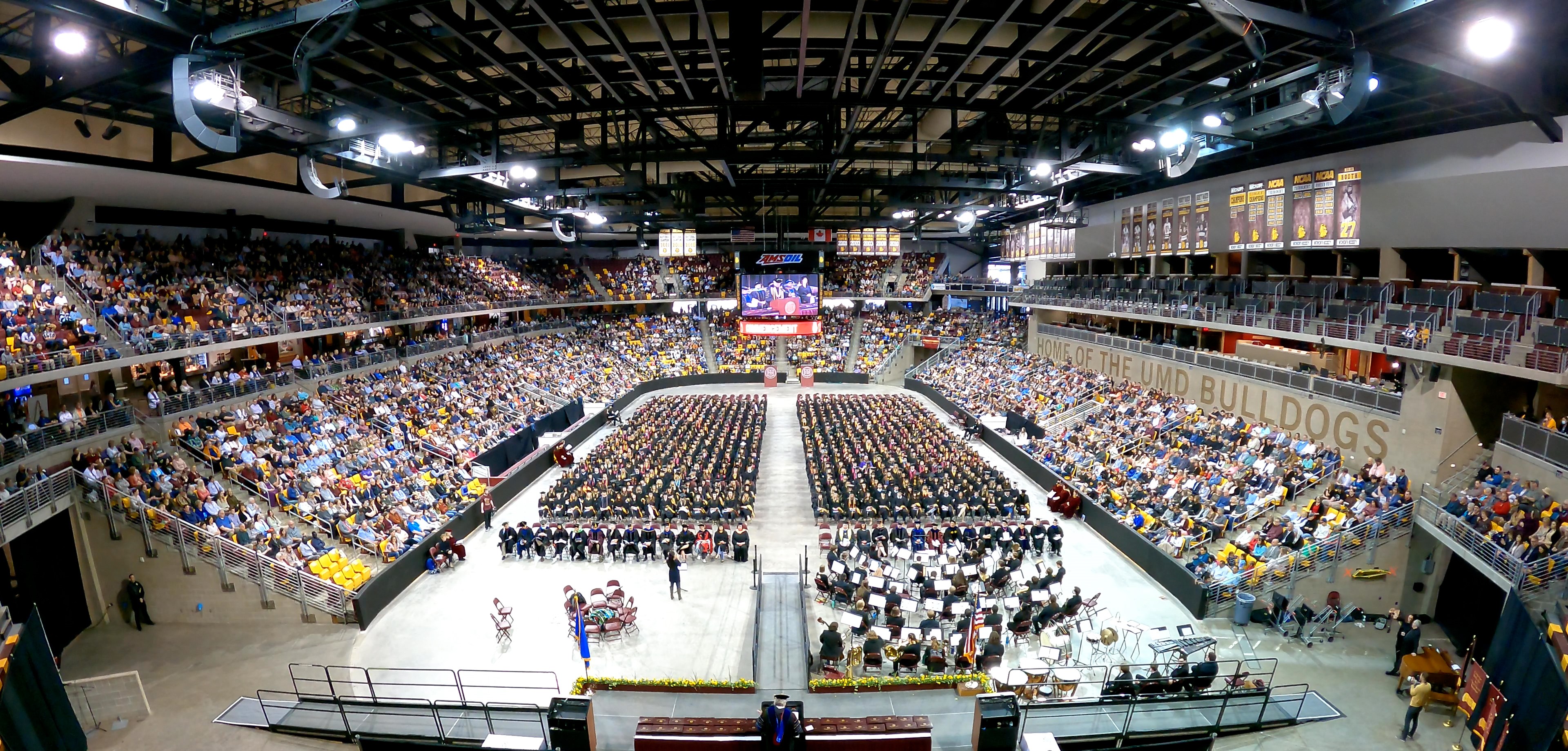 AMSOIL Arena during the commencement ceremony, full of graduates and their families and friends