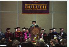 Kathryn A. Martin speaking to a crowd at UMD Duluth during her inauguration.